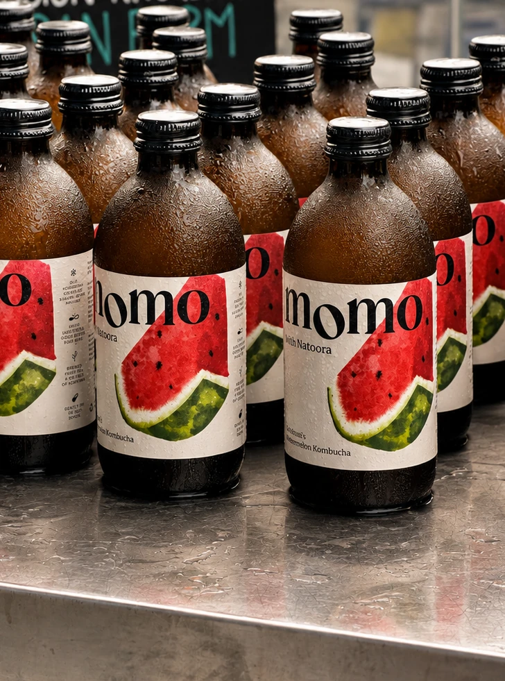 Chilled bottles of watermelon kombucha on a counter.