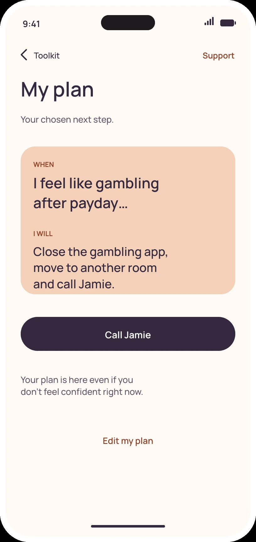 Personal plan screen with a fictional example