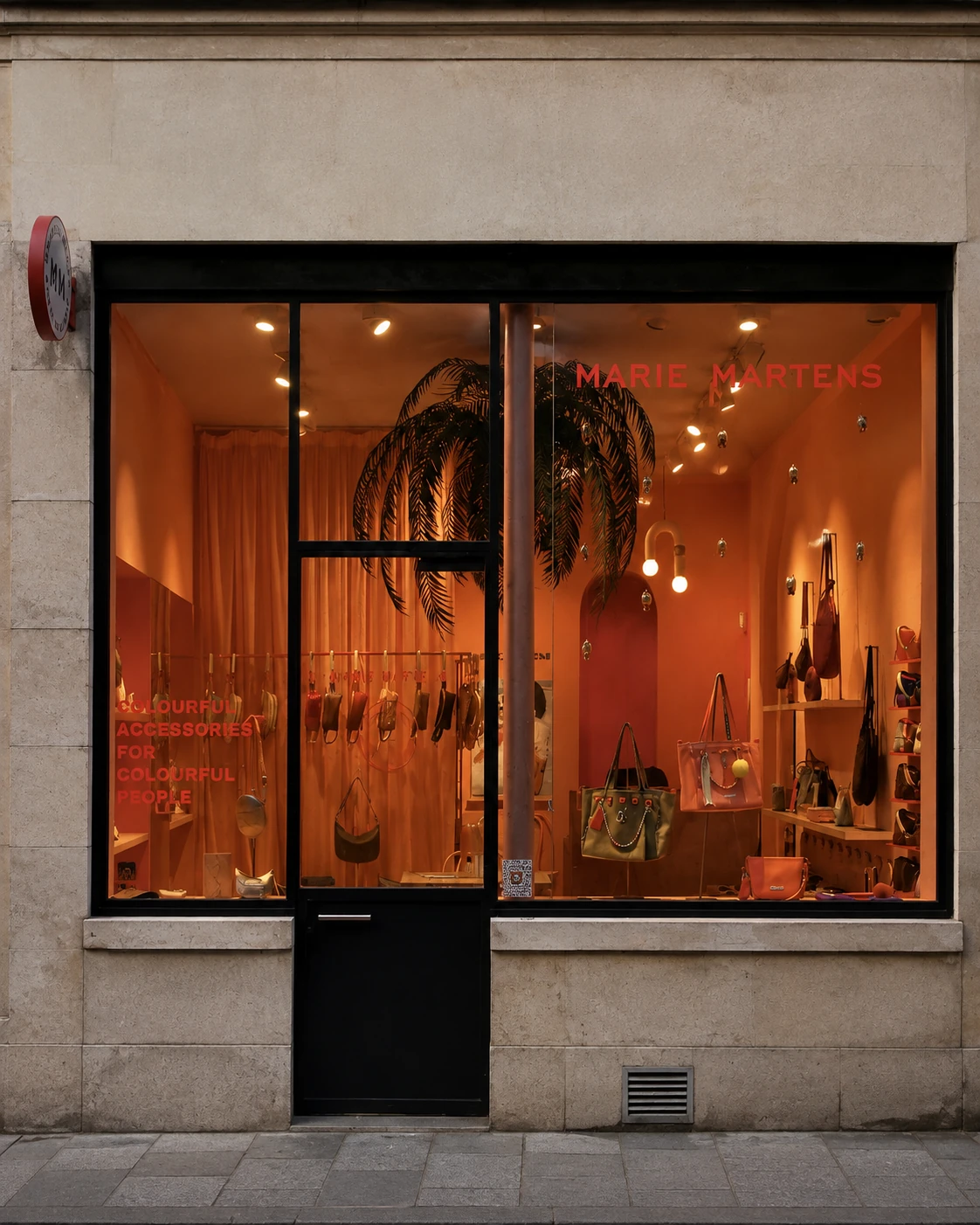 The orange-lit Marie Martens shopfront with handbags displayed behind its windows.